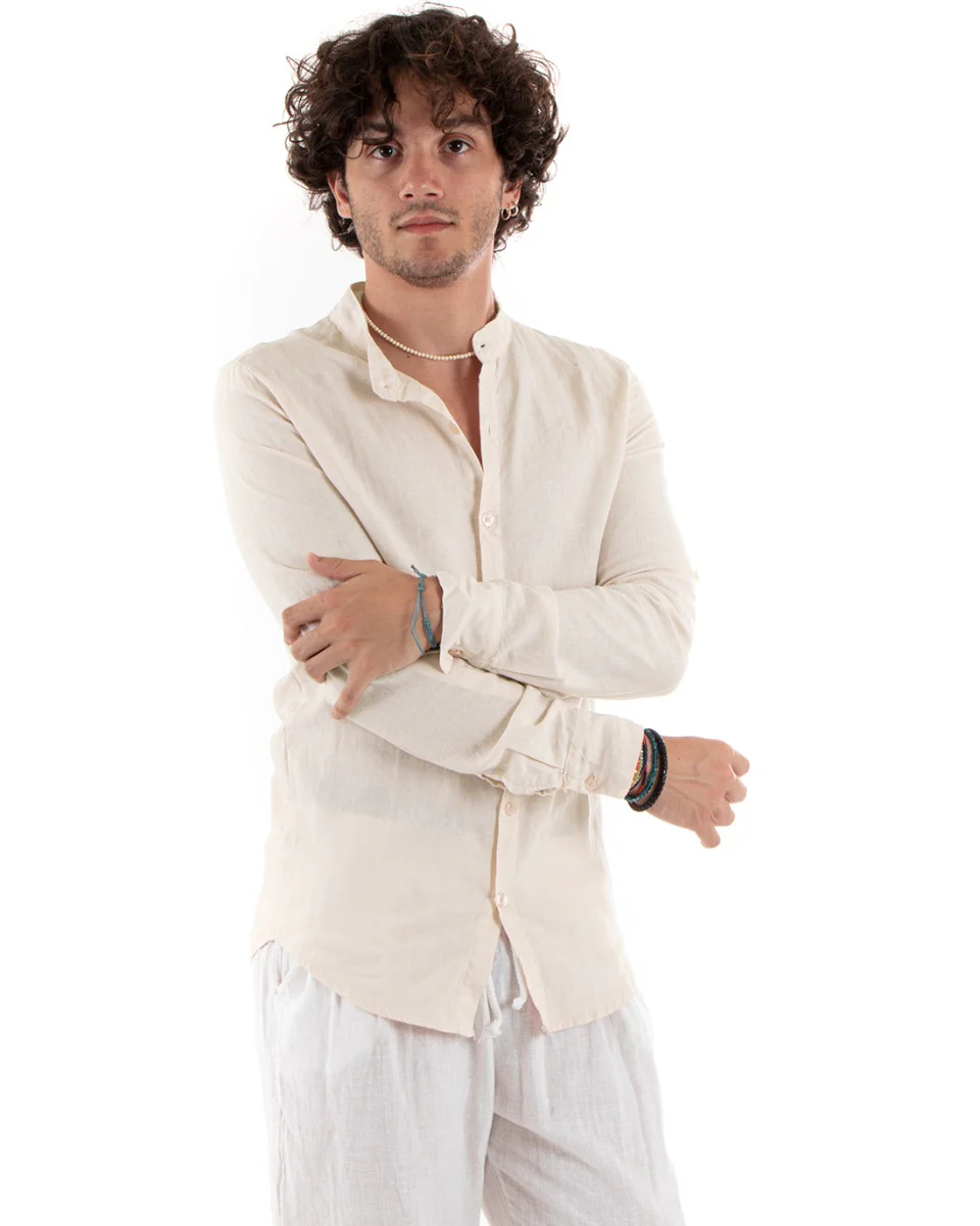 Camicia Uomo Collo Coreano Slim Fit Lino Tinta Unita Maniche Lunghe Beige GIOSAL-C2888A - immagine 3