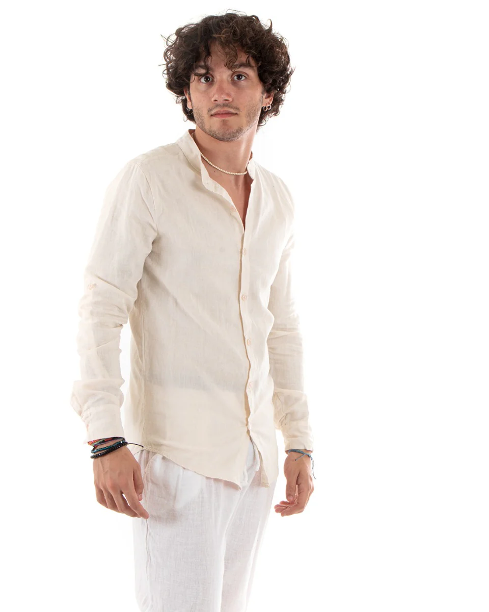 Camicia Uomo Collo Coreano Slim Fit Lino Tinta Unita Maniche Lunghe Beige GIOSAL-C2888A - immagine 5