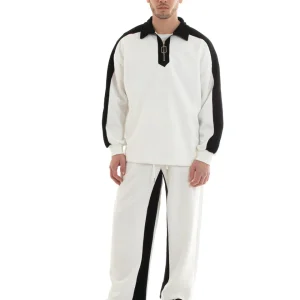 Completo Tuta Uomo Cotone Bianco Oversize Relaxed Fit Felpa Con Colletto Pantaloni GIOSAL-OU2234A