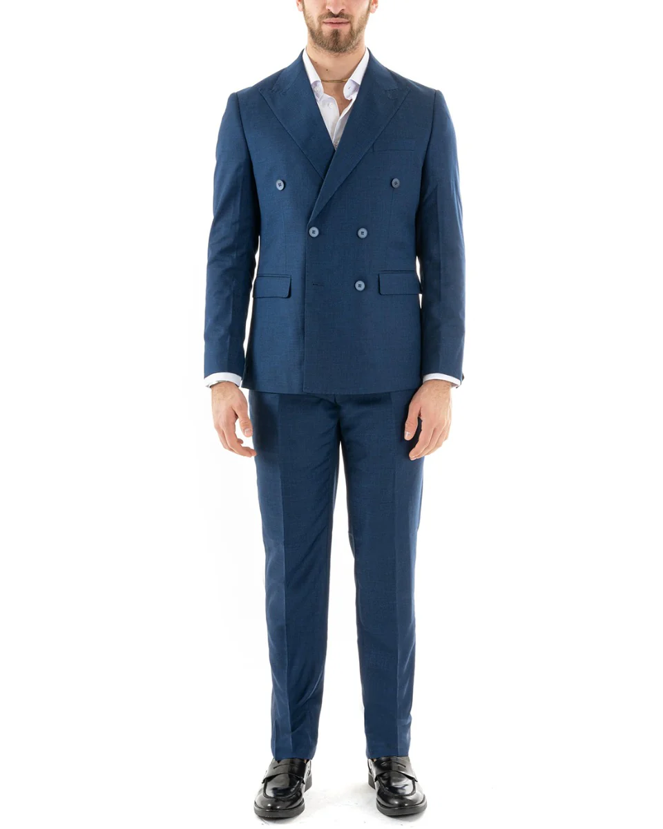 Abito uomo doppiopetto completo viscosa giacca pantaloni elegante blu melangiato GIOSAL-OU2257A - immagine 5