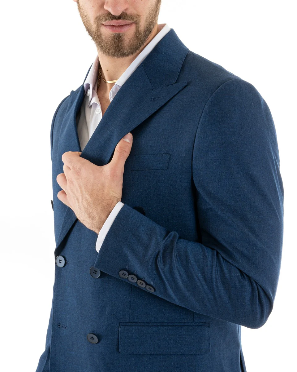 Abito uomo doppiopetto completo viscosa giacca pantaloni elegante blu melangiato GIOSAL-OU2257A - immagine 8