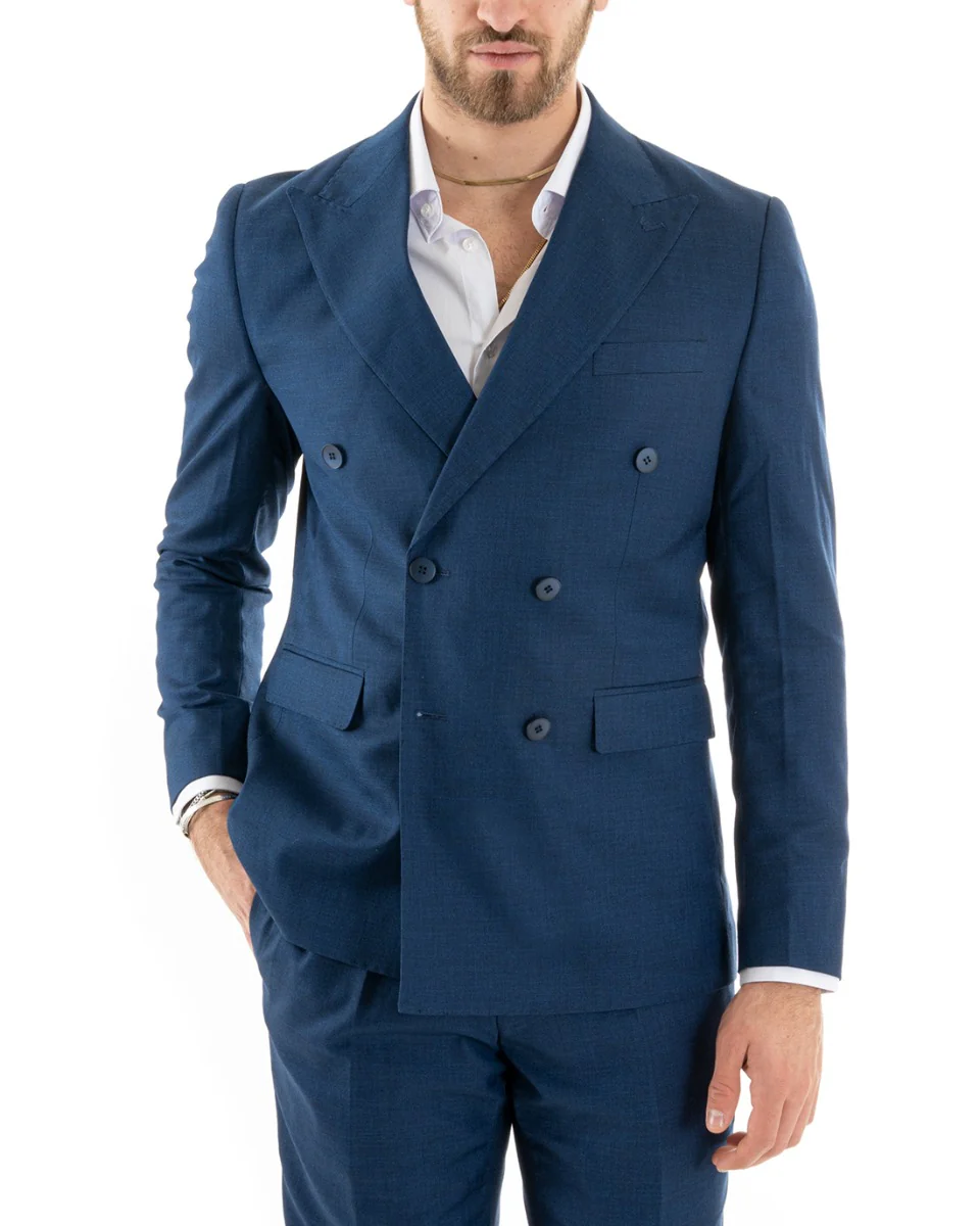 Abito uomo doppiopetto completo viscosa giacca pantaloni elegante blu melangiato GIOSAL-OU2257A - immagine 7