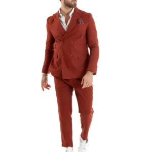 Abito Uomo Doppiopetto Completo Lino Sartoriale Giacca Pantaloni Tinta Unita Mattone GIOSAL-OU2335A