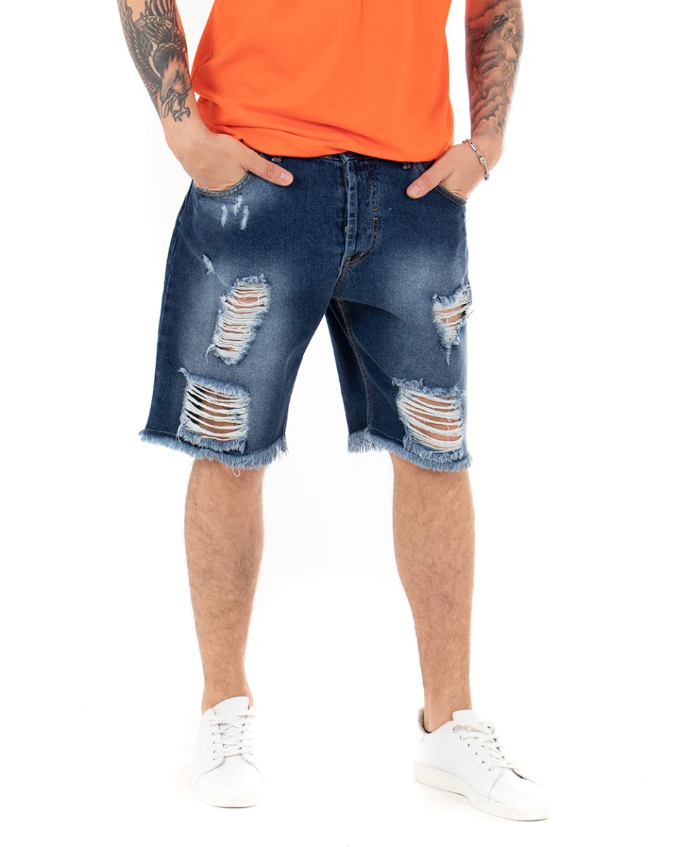 Bermuda Pantaloncini Uomo Corti Jeans Regular Fit Casual Con Rotture Cinque Tasche Denim Sfumato GIOSAL-PC1700A - immagine 5