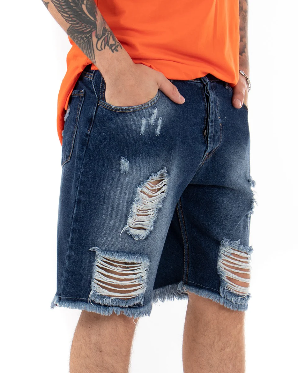 Bermuda Pantaloncini Uomo Corti Jeans Regular Fit Casual Con Rotture Cinque Tasche Denim Sfumato GIOSAL-PC1700A - immagine 6