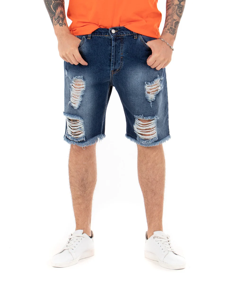 Bermuda Pantaloncini Uomo Corti Jeans Regular Fit Casual Con Rotture Cinque Tasche Denim Sfumato GIOSAL-PC1700A - immagine 2