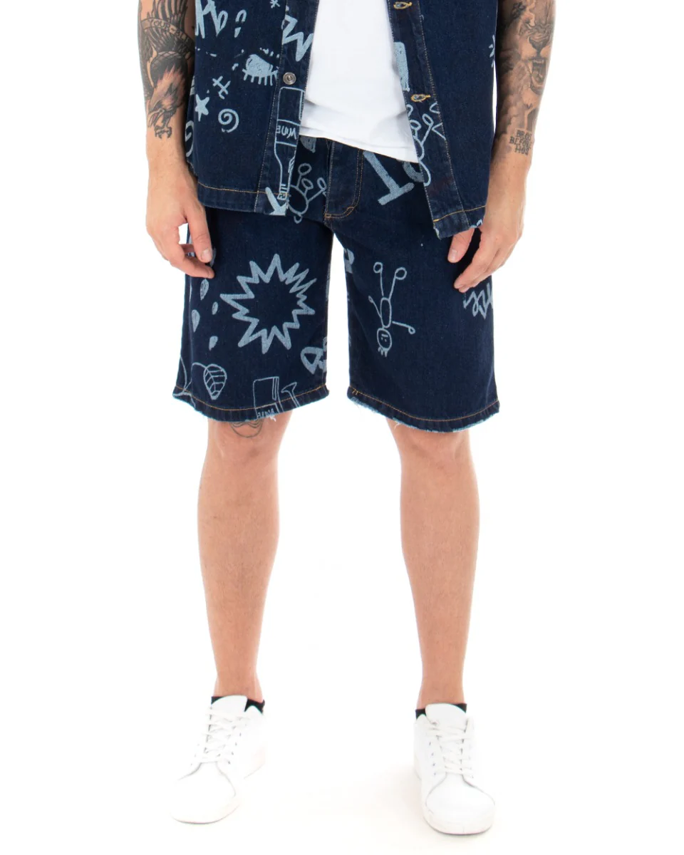 Bermuda Pantaloncini Uomo Corti Jeans Cinque Tasche Casual Regular Fit Stampa Graffiti Printed Denim Scuro GIOSAL-PC1767A - immagine 6