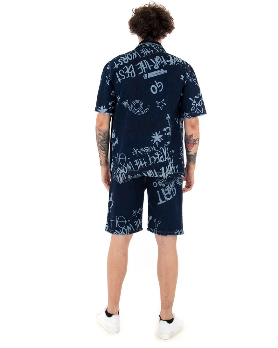 Bermuda Pantaloncini Uomo Corti Jeans Cinque Tasche Casual Regular Fit Stampa Graffiti Printed Denim Scuro GIOSAL-PC1767A - immagine 7