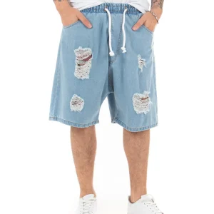 Bermuda Pantaloncini Uomo Corti Jogger Con Elastico Jeans Oversize Con Rotture Casual Denim Chiaro GIOSAL-PC1779A